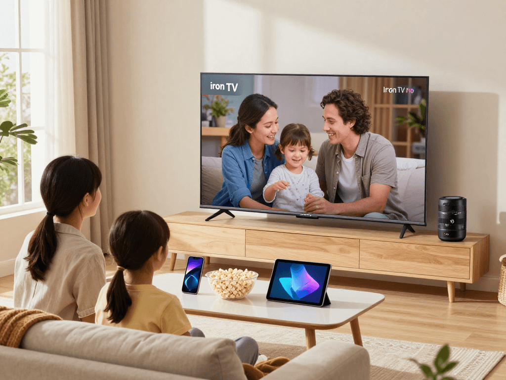 Famille regardant Iron TV Pro sur un grand écran TV, ambiance chaleureuse et conviviale.