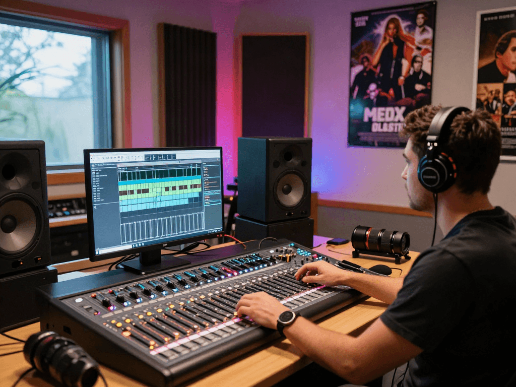 Studio de production audio et vidéo Atlas pro avec ingénieur son ajustant des contrôles