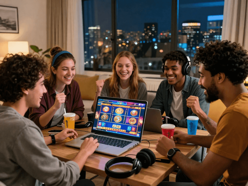 Scène de casino en ligne avec des amis jouant ensemble, ambiance festive et conviviale.