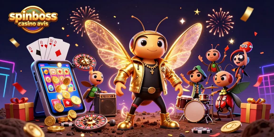 Découvrez spinboss casino avis avec une scène animée de jeux et gagnants colorés